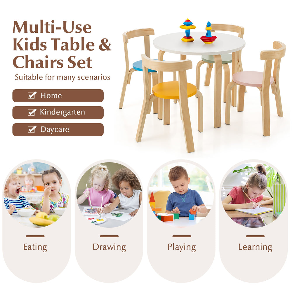5-piece kids wooden table and chair set with curved backrest, perfect for playrooms and learning activities.