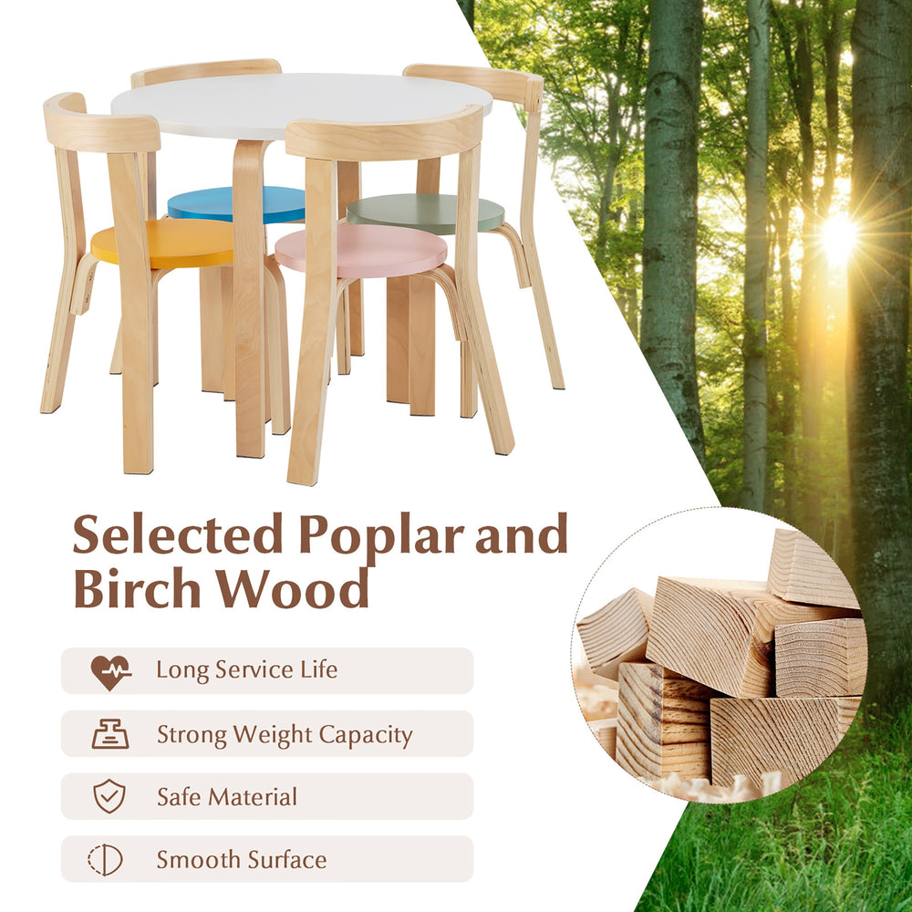 5-piece kids wooden activity table and chair set made of poplar and birch wood, designed for playrooms and safety.