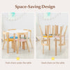 5-piece kids activity table set showing space-saving design with stacked chairs and round table for playroom use.