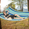 Foldable patio hammock with blue and green stripes, featuring a detachable pillow, perfect for outdoor relaxation.