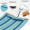 Patio hammock with blue striped fabric, curved beech wood spreader, and detachable pillow for comfortable outdoor.