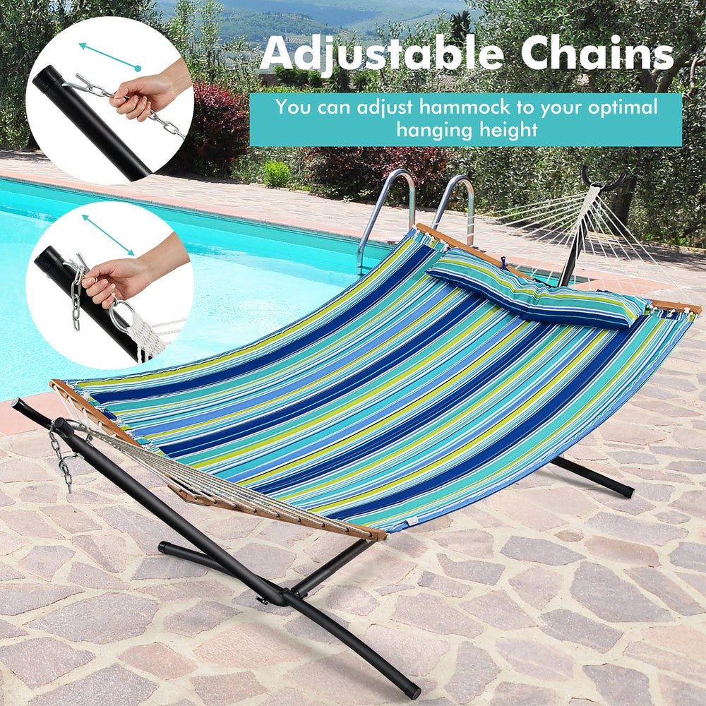 Colorful patio hammock with adjustable chains and detachable pillow, perfect for outdoor relaxation and easy transport.