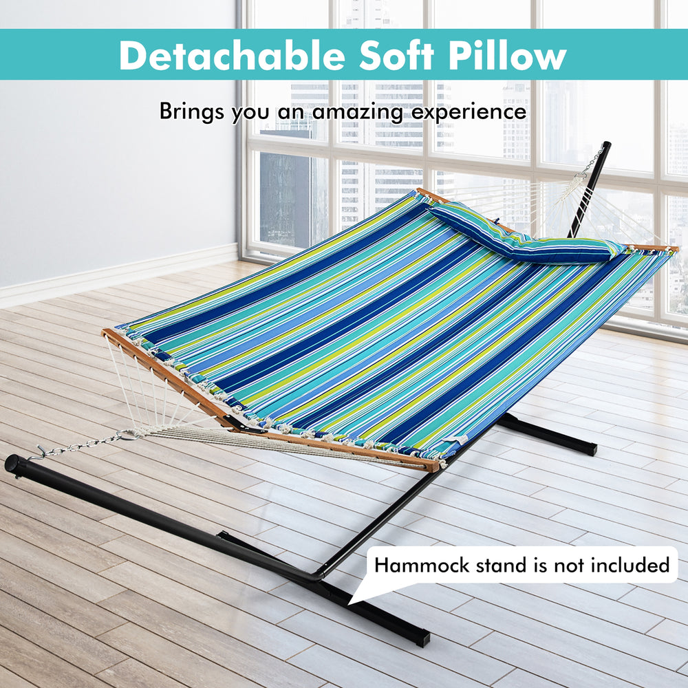 Foldable patio hammock with detachable pillow, made of durable polyester fabric and curved beech wood, perfect for.