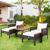 5-piece patio rattan furniture set featuring 2 chairs, 2 ottomans, and an acacia wood table for outdoor relaxation.
