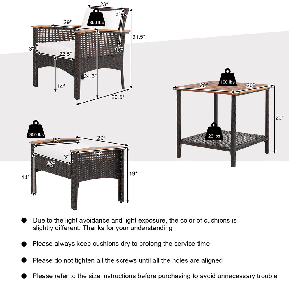 5-piece patio rattan furniture set featuring an acacia wood table, ergonomic chairs, and removable cushions for outdoor.