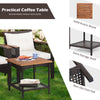 Square acacia wood coffee table with extra storage shelf, part of a 5-piece patio rattan furniture set for outdoor use.