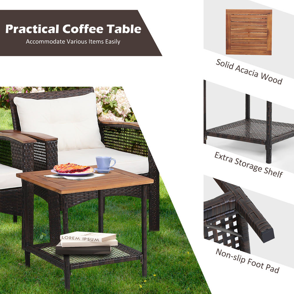 Square acacia wood coffee table with extra storage shelf, part of a 5-piece patio rattan furniture set for outdoor use.