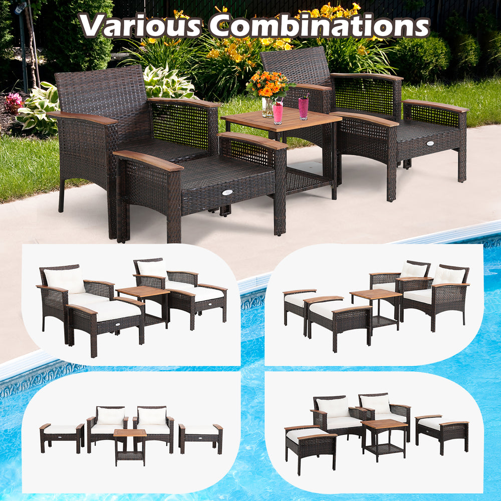 5-piece patio rattan furniture set with acacia wood table, featuring ergonomic chairs and ottomans for versatile.