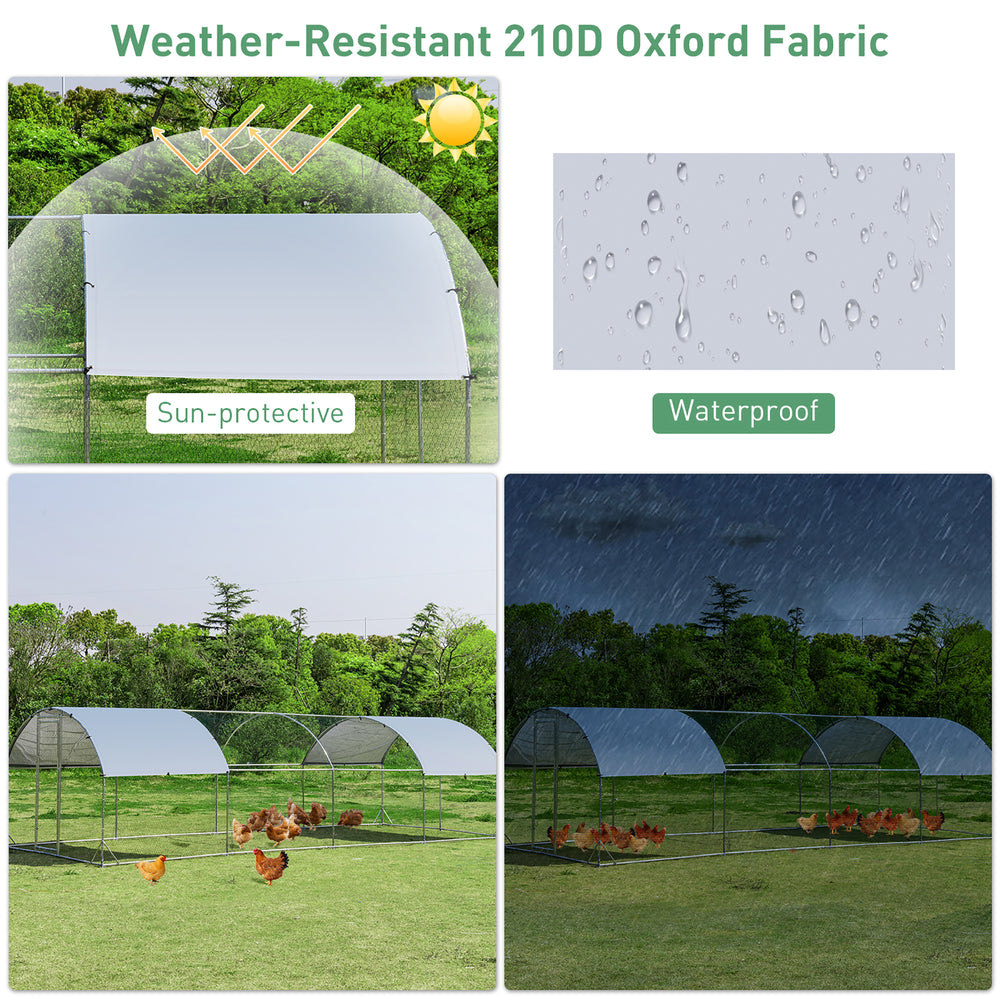 Large metal chicken coop with waterproof 210D oxford fabric cover, providing sun and rain protection for poultry.