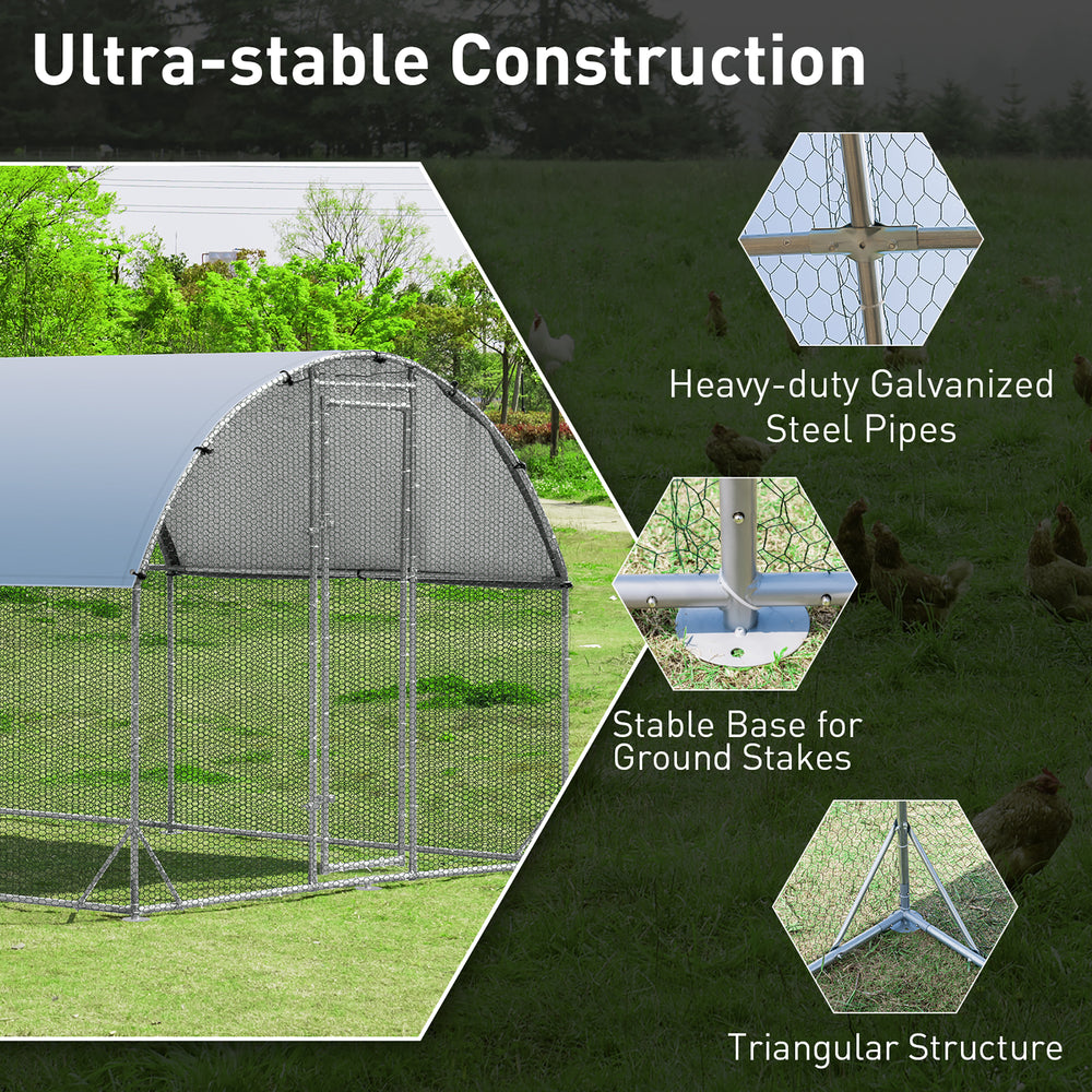 Large metal chicken coop featuring a triangular structure, galvanized steel frame, and waterproof cover for outdoor use.