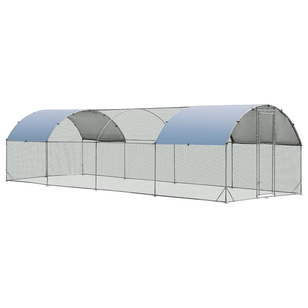Large metal chicken coop with waterproof cover, sturdy galvanized steel frame, and lockable door for backyard use.