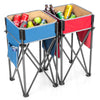 Folding camping tables with large capacity storage sinks in red and blue, ideal for outdoor picnics and activities.