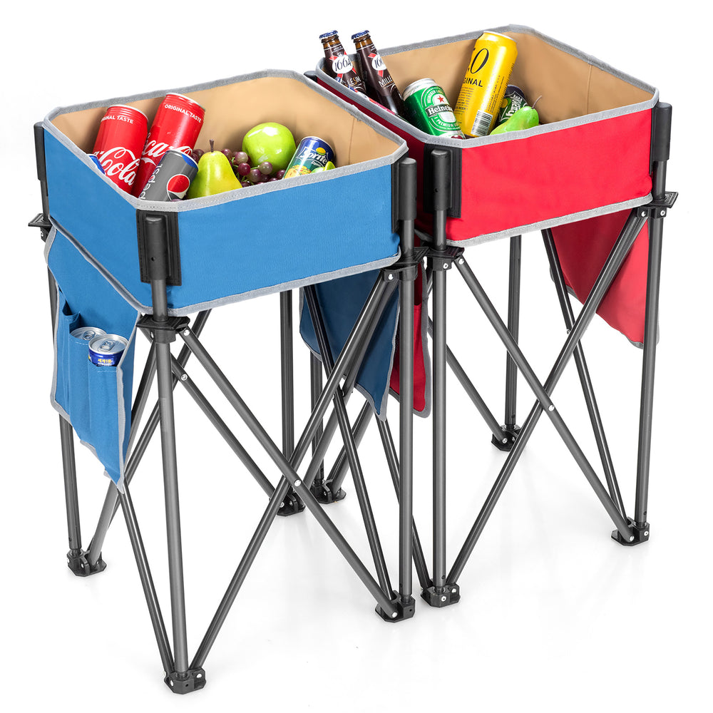 Folding camping tables with large capacity storage sinks in red and blue, ideal for outdoor picnics and activities.