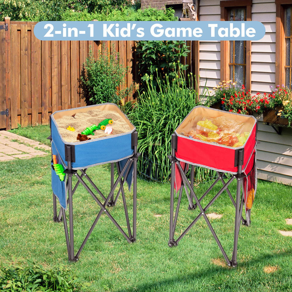 Two folding camping tables with large storage sinks, ideal for kids' games, outdoor parties, and picnics.