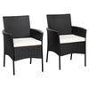 Two black patio wicker chairs with cozy seat cushions, featuring a sturdy steel frame for outdoor use.