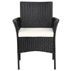 Black patio wicker chair with cozy white seat cushion, featuring a sturdy steel frame for outdoor use.
