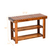 Freestanding wood bench with three-tier storage shelves made of acacia wood, ideal for entryway or garden use.