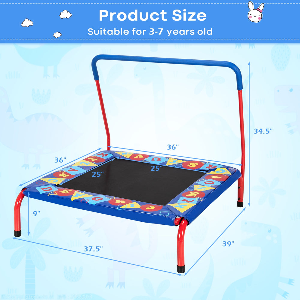 Kids indoor outdoor square trampoline with foamed handrail, 36" x 36", designed for safety and fun for ages 3-7.