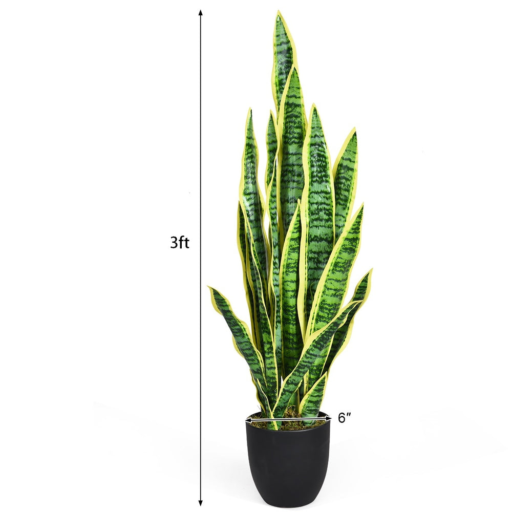 Artificial snake plant with 20 vivid leaves, featuring a sturdy pot and bright yellow edges, perfect for indoor or.