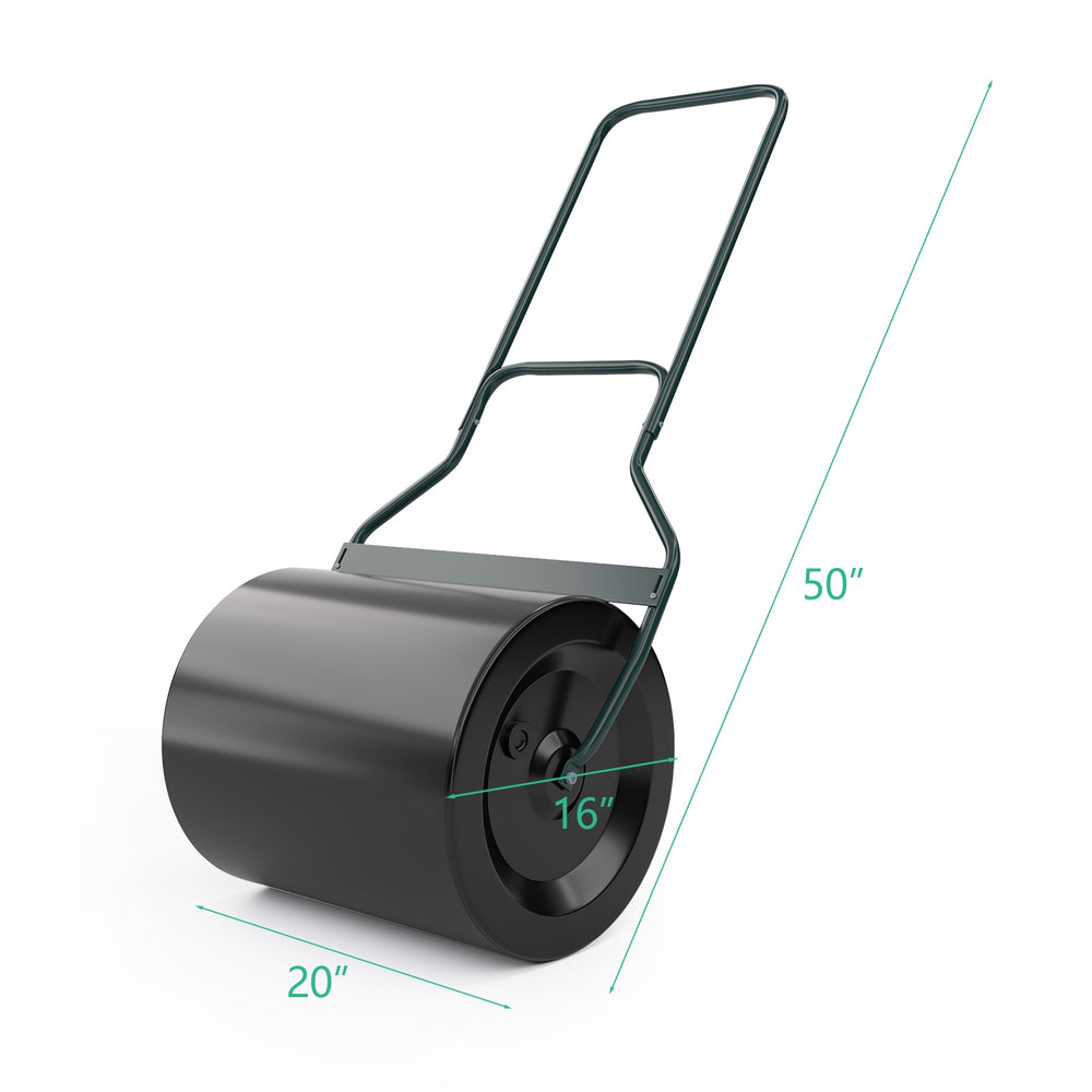 Lawn roller with U-shaped handle, 20" diameter, 50" height, ideal for flattening uneven ground in gardens.