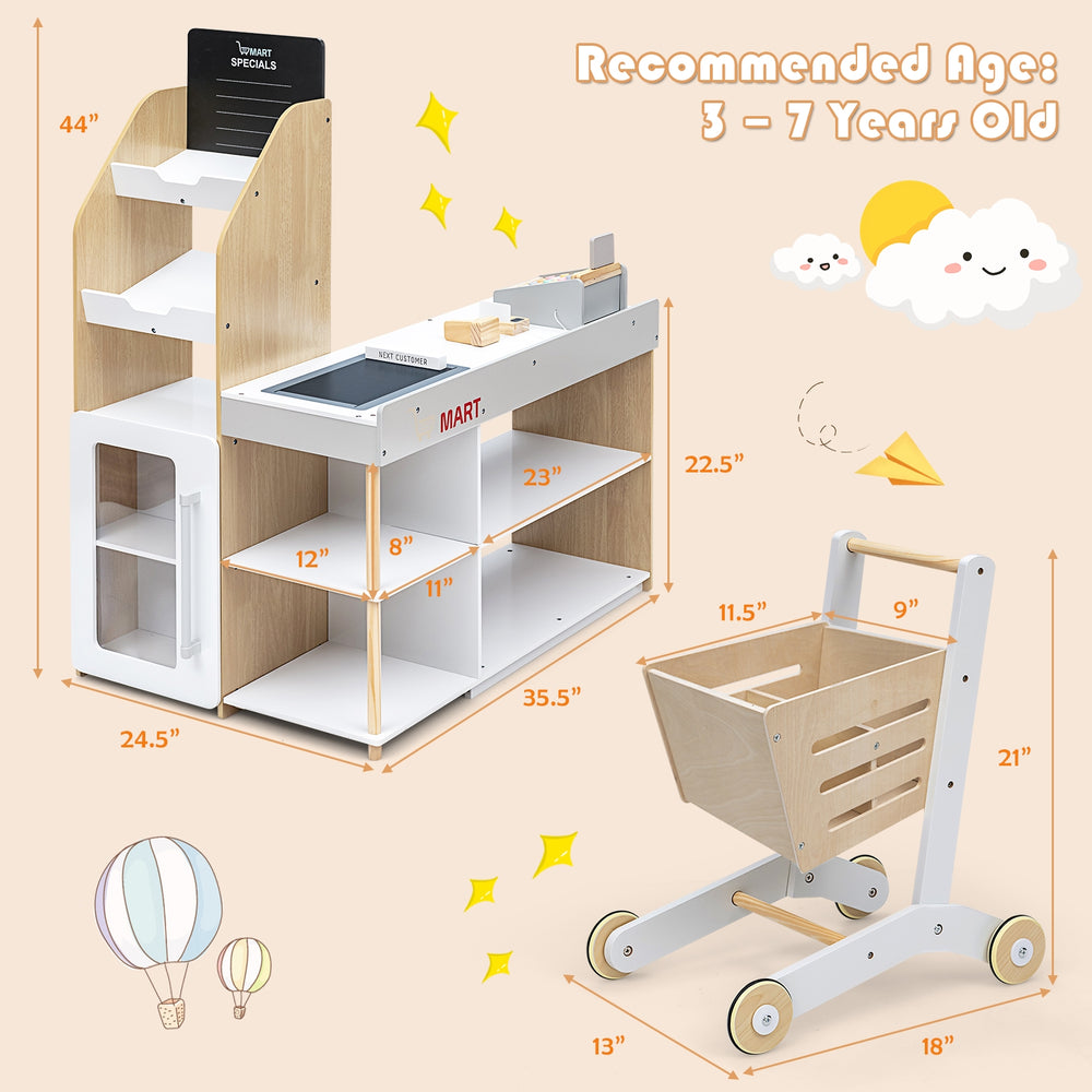 Grocery store playset with checkout counter, scanner, and shopping cart, designed for imaginative play for ages 3-7.