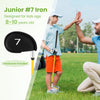 Junior #7 iron golf club for kids aged 8-10, featuring a fiberglass shaft and headcover for protection.