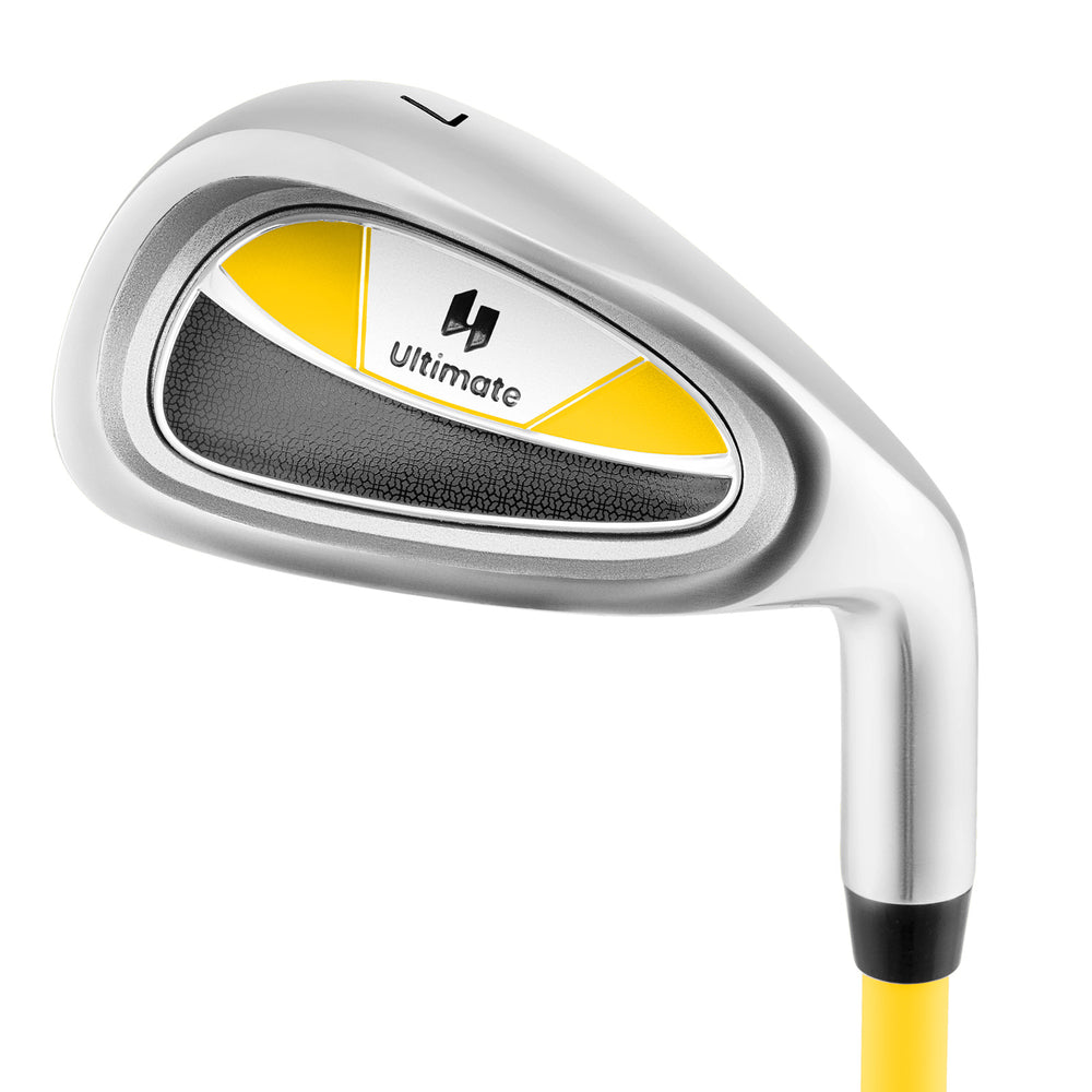 Individual golf club for kids aged 8-10, featuring a yellow fiberglass shaft and aluminum alloy head for high.