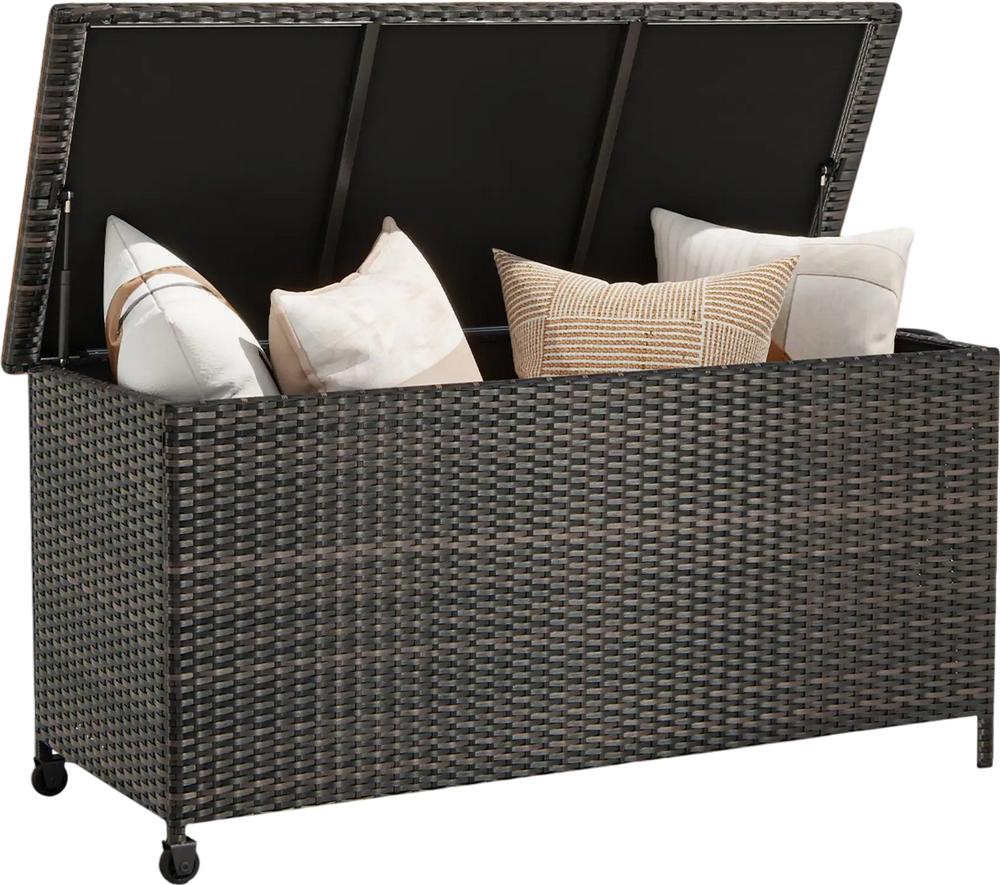 Brown 85-gallon storage container with waterproof liner, showcasing cushions, ideal for outdoor use on deck or patio.