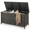 Brown 85-gallon storage container with waterproof liner, featuring PE rattan, for cushions and blankets in outdoor.