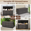 Brown 85-gallon storage container with waterproof liner and wheels, ideal for outdoor use on decks and porches.