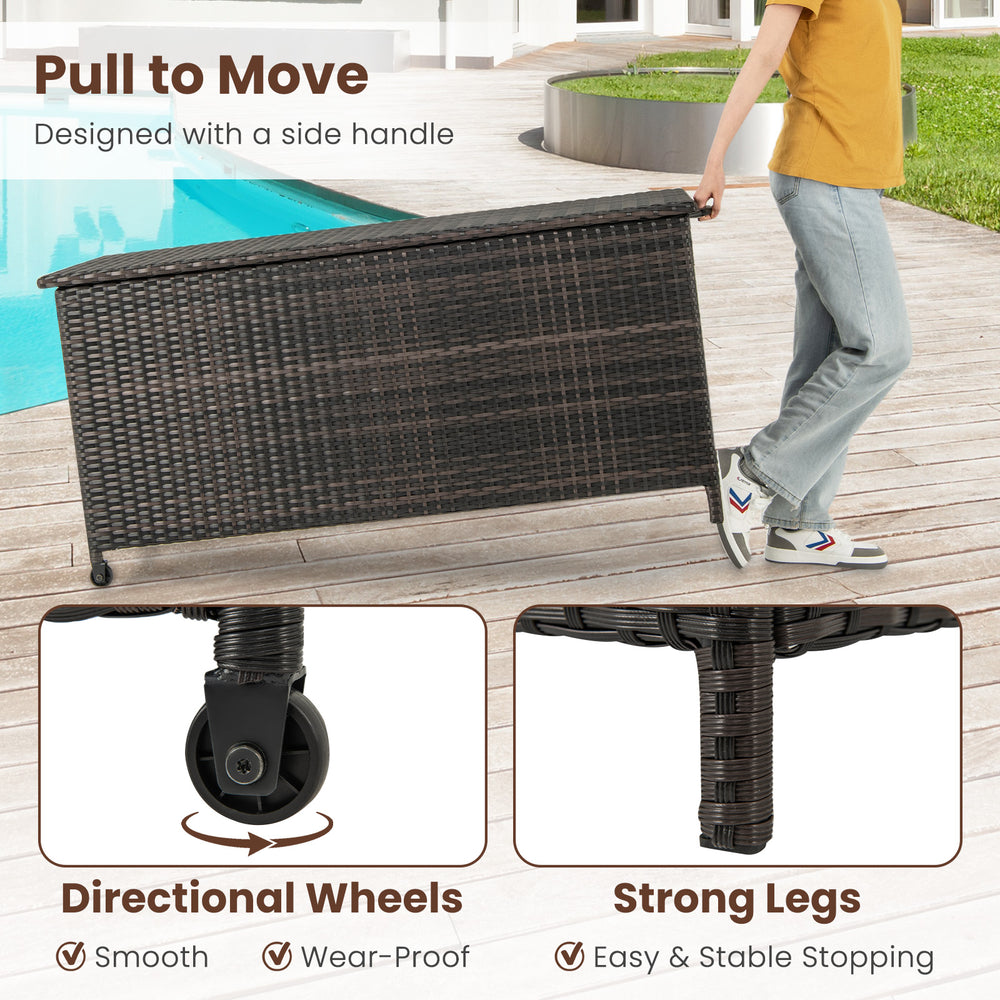 Brown 85-gallon storage container with PE rattan, universal wheels, and side handle for easy outdoor mobility.
