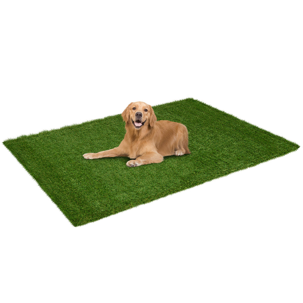 Synthetic turf mat with drainage holes, 1.4" pile height, pet-friendly for indoor or outdoor use.