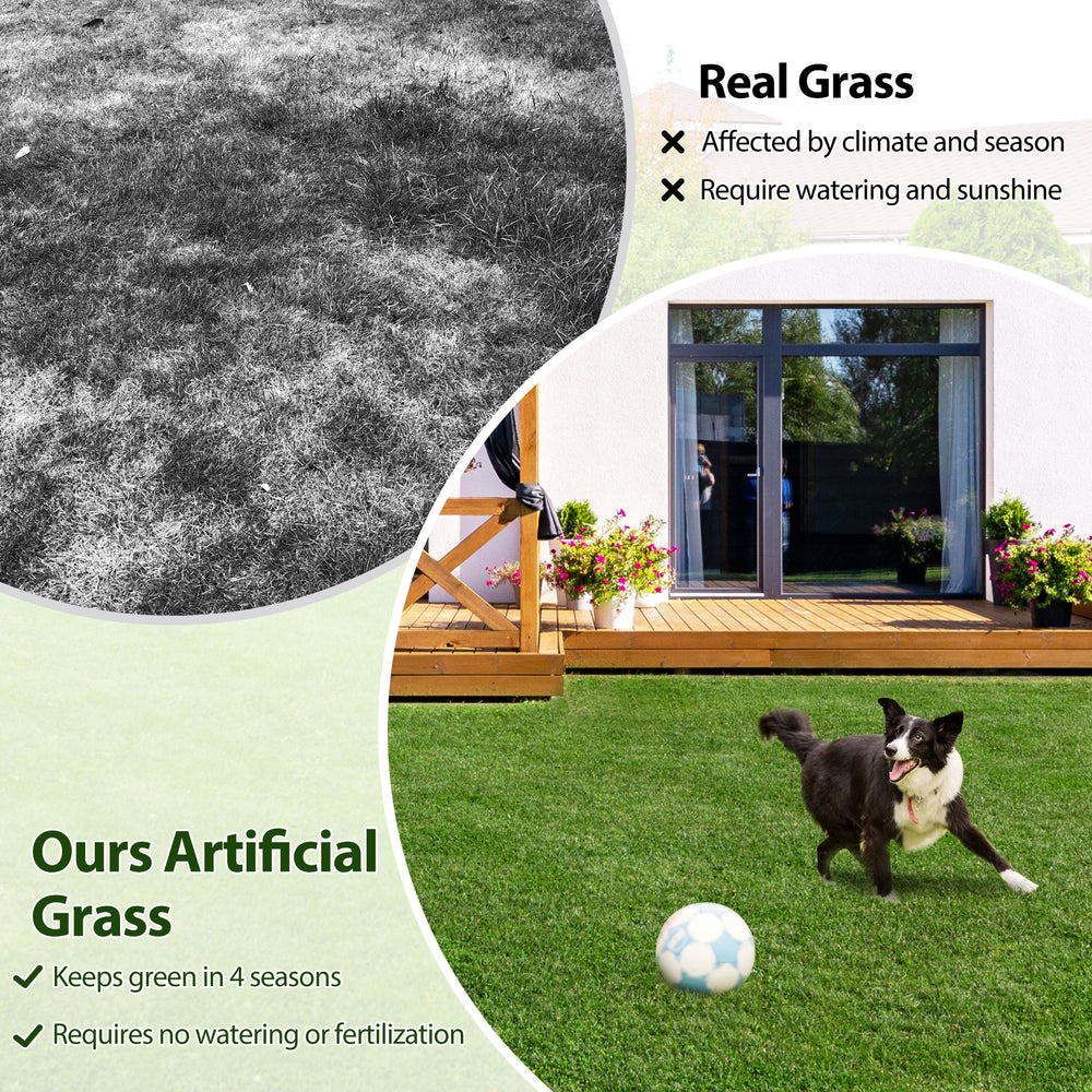 Indoor outdoor synthetic turf mat with drainage holes, 1.4" pile height, pet-friendly, ideal for clean play areas.