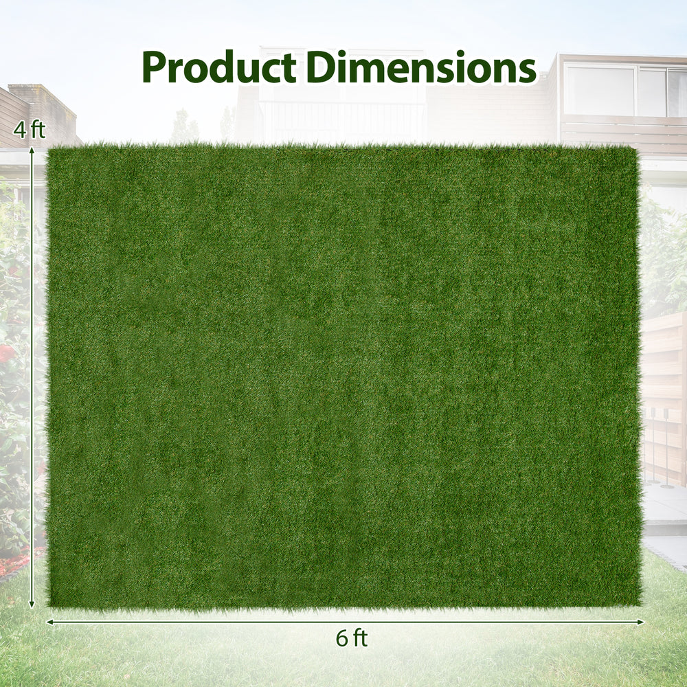 Synthetic turf mat dimensions of 4 ft x 6 ft, featuring drainage holes and a realistic green hue for outdoor use.