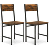 Set of 2 industrial kitchen side chairs with rustic brown simulated wood grain and sturdy metal legs for stable seating.