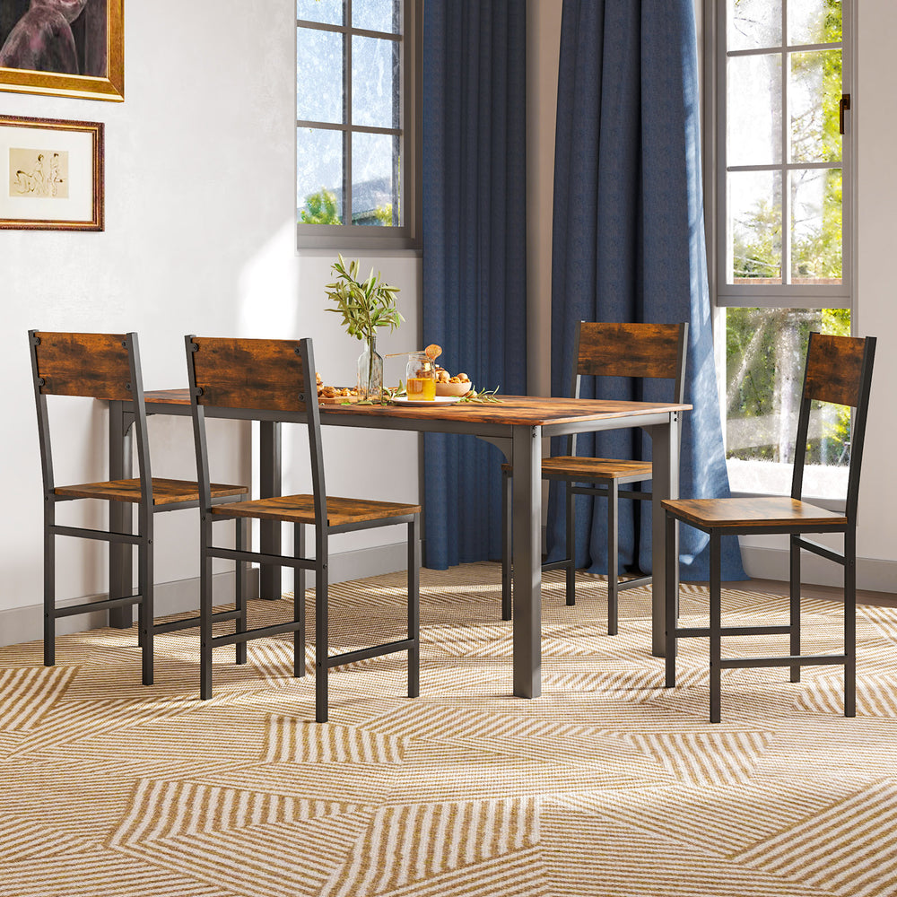 Rustic brown industrial kitchen side chairs with metal legs and slanted backrest, perfect for dining room use.