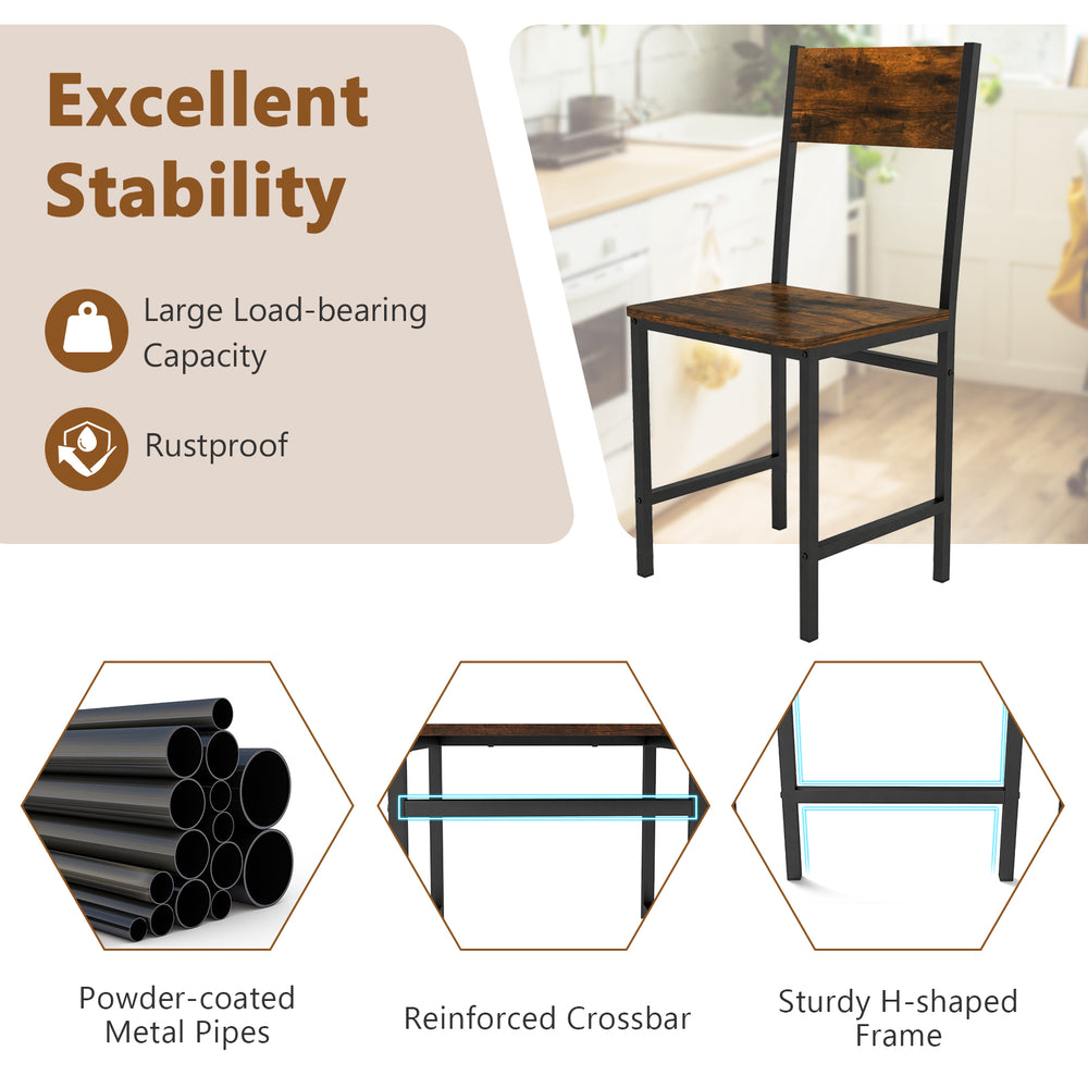 Industrial kitchen side chair with slanted back, rustic brown simulated wood grain, and sturdy powder-coated metal legs.