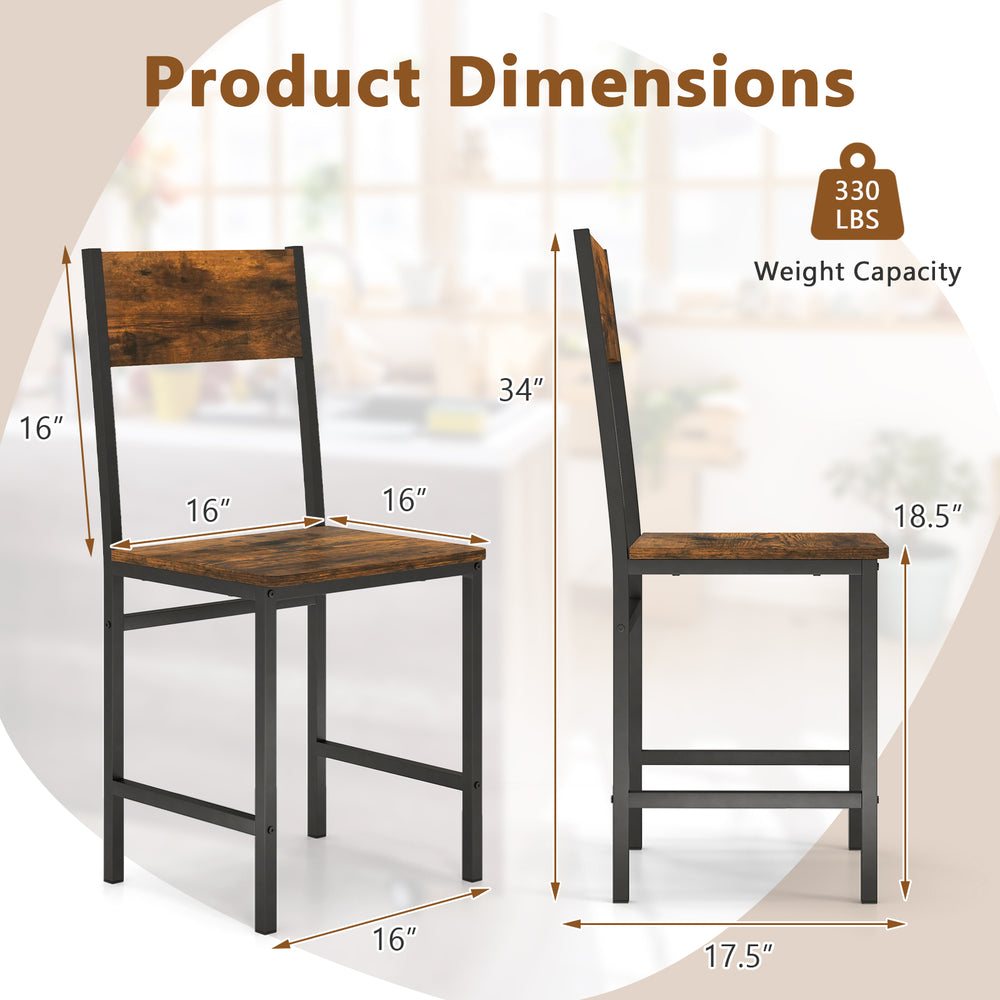 Dimensions of Industrial Kitchen Side Chair with slanted back, rustic brown seat, and sturdy metal legs for stability.