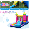 Princess-themed inflatable bounce house with slide, basketball hoop, and ball pit for kids' outdoor fun and safety.