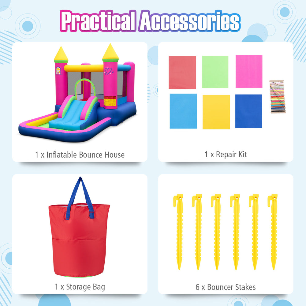 Inflatable bounce house with slide and basketball hoop, made of waterproof 420D oxford cloth, for kids' outdoor fun.