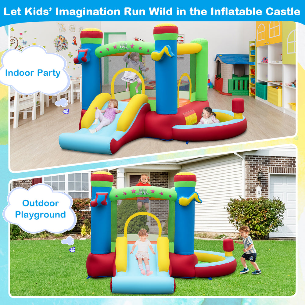 Music-themed inflatable bounce house with slide, basketball hoop, and ball pit for indoor and outdoor fun.