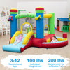 Inflatable bounce house with music theme, slide, ball pit, and basketball hoop for kids aged 3-12, made of waterproof.