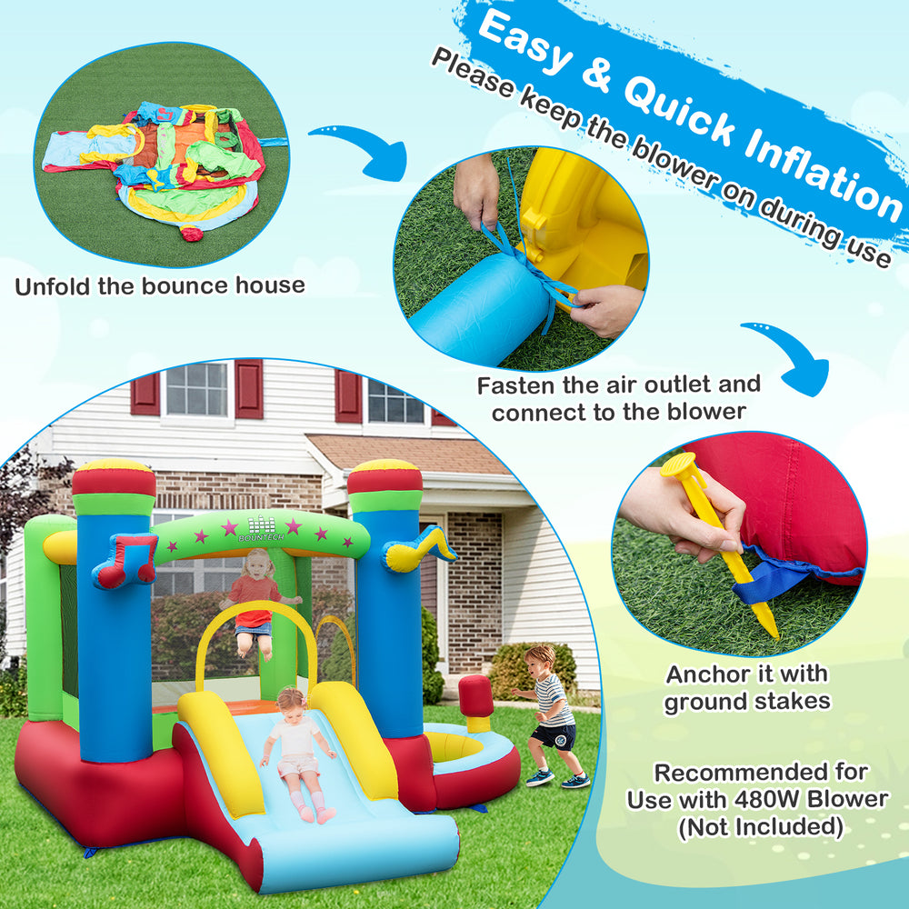Music-themed inflatable bounce house with slide, basketball hoop, and ball pit for outdoor fun and active play.