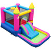 Princess-themed inflatable bounce house with slide, basketball hoop, and ball pit for kids' outdoor fun.