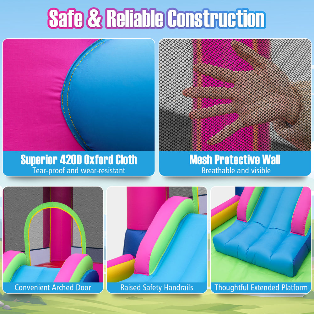 Princess-themed inflatable bounce house featuring a wide slide, mesh walls, and durable 420D oxford cloth for safe fun.