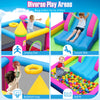 Inflatable princess bounce house featuring a jumping zone, slide, ball pit, and basketball hoop for active play.