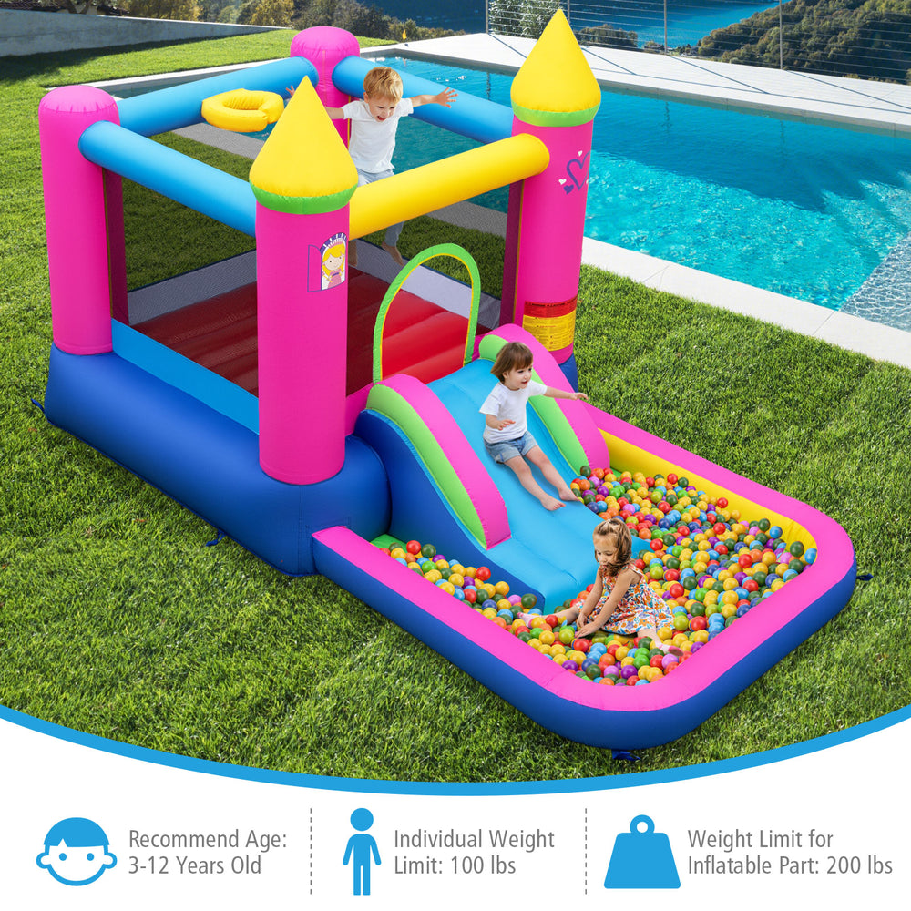 Princess-themed inflatable bounce house with slide, ball pit, and basketball hoop for kids' outdoor fun and.