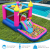 Princess-themed inflatable bounce house with slide, ball pit, and basketball hoop for kids aged 3-12 years.