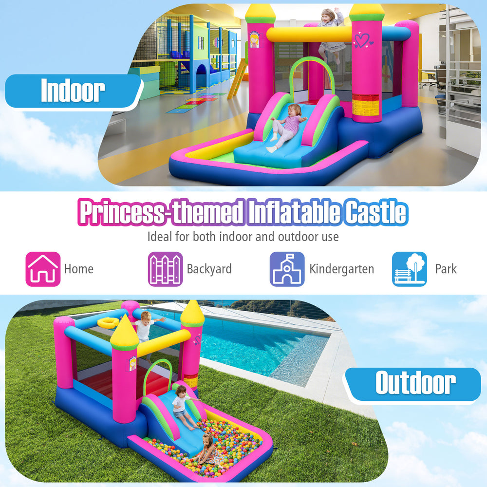 Princess-themed inflatable bounce house with slide and ball pit, made of durable oxford fabric for indoor and outdoor.