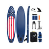 Inflatable paddle board with American flag design, removable fin, adjustable aluminum paddle, and backpack for easy.